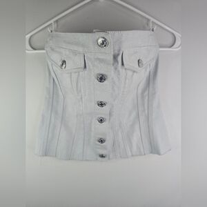 Zara Denim Corset Tube Top – Silver Shimmer Strapless Bustier S